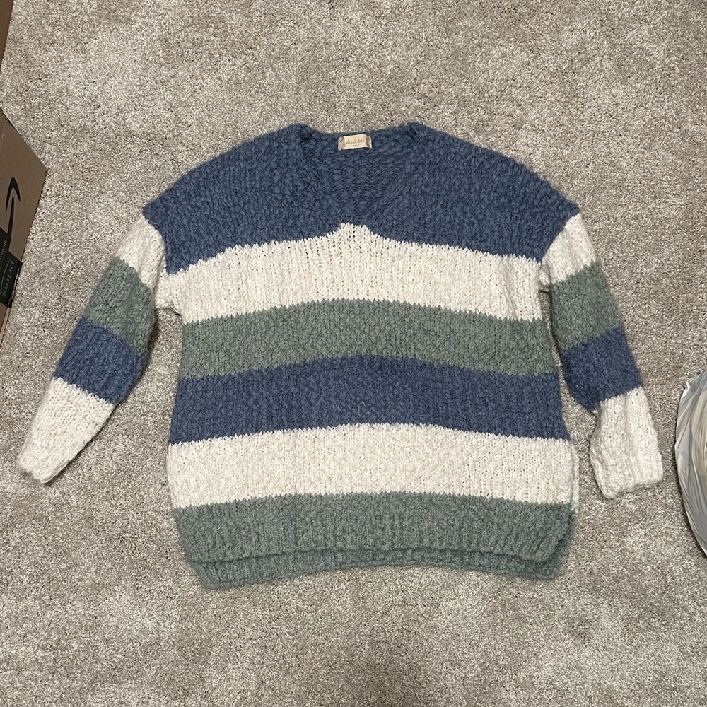 Green, blue and cream striped fuzzy sweater